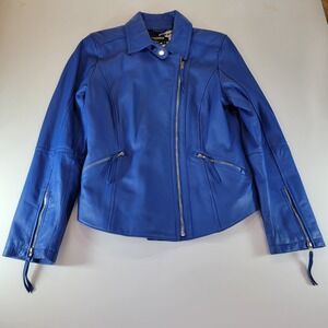 Twiggy London Blue Vintage 100% Leather Jacket Women's M Interior Graphic Rare